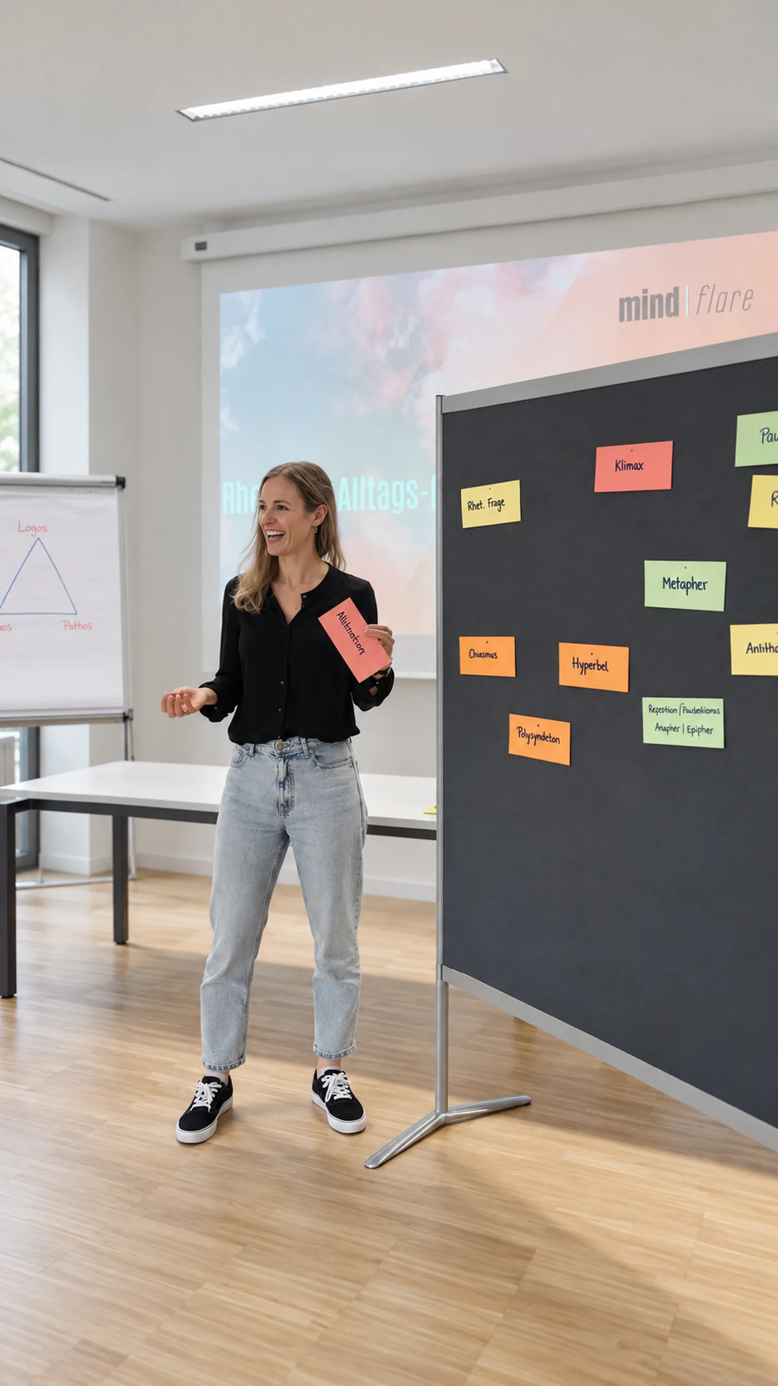 Bettina Rudolph präsentiert im Rhetorik-Workshop bunte Karten mit Stilmitteln wie Metapher und Alliteration.